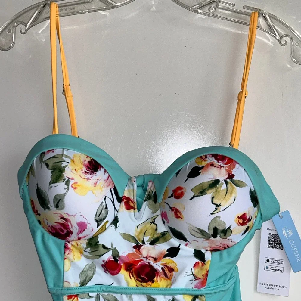 NWT CUPSHE One-Piece Blue Floral Swimsuit Size Large - Picture 2 of 9